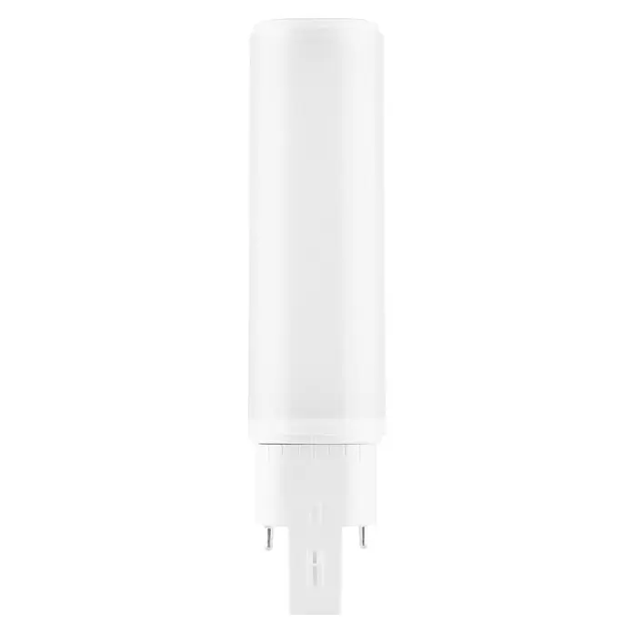 Osram LED-Röhre DULUX LED D/E - Länge: 14,28 cm, Warmweiß, 6 W, 600 lm, G24q-1 - Das Bild zeigt eine weiße, zylindrische UV-Lampe mit einem Sockel und zwei Stiften, ideal für Wasseraufbereitungssysteme.