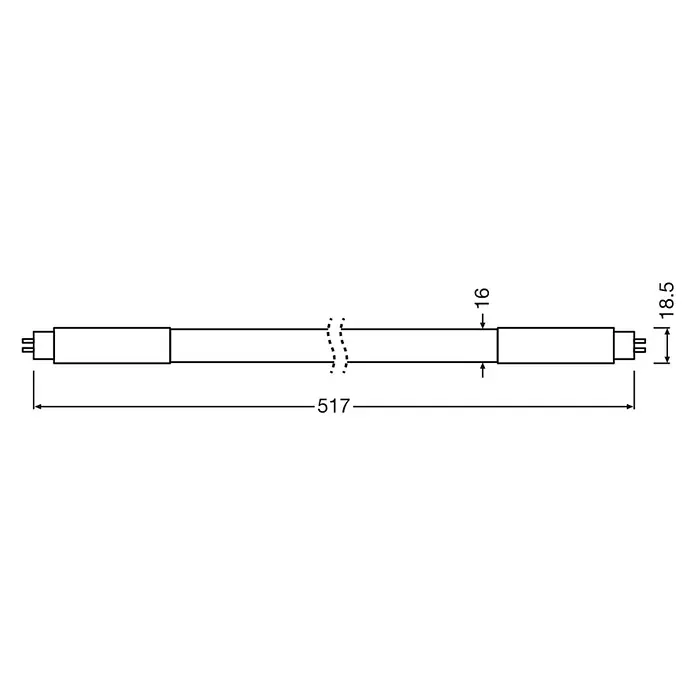 Osram LED-Röhre LED TUBE T5 HF SHORT - Länge: 53 cm, Warmweiß, 7 W, 770 lm, G5 - Schematische Darstellung einer Leuchtstoffröhre mit den Maßen 517 mm Länge, 16 mm Durchmesser und 18,5 mm Sockelbreite.