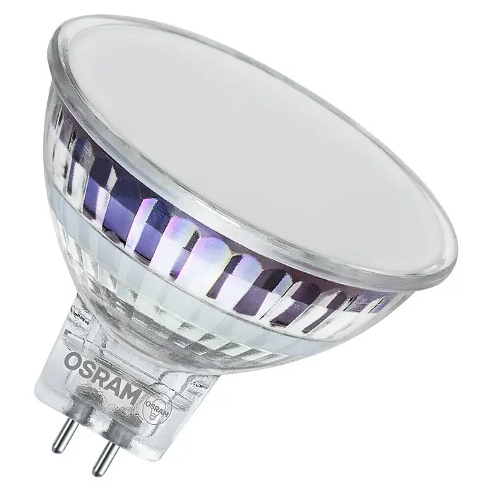 Osram Star LED-Lampen Set MR16 - 4,3 W, 396 lm, 2 Stk. - Nahaufnahme einer Osram MR16 Halogenlampe, ideal für Akzentbeleuchtung. Die Lampe hat einen klaren Glaskörper und reflektiert das Licht effizient.
