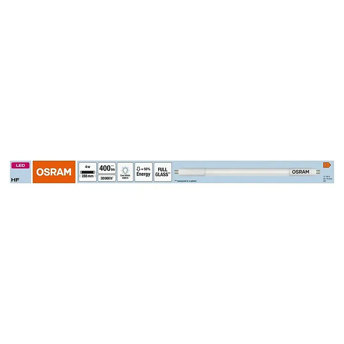 Osram LED-Röhre LED TUBE T5 HF SHORT - Länge: 30,2 cm, Kaltweiß, 4 W, 400 lm, G5 - Produktbild einer OSRAM LED-Röhre mit 4W, 400 Lumen, 288 mm Länge und 4000K Farbtemperatur.  Die Röhre ist als energiesparend und vollverglast gekennzeichnet.