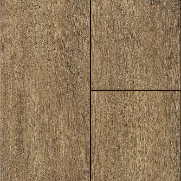 LOGOCLIC Ambienta Laminatmuster Eiche Apolo - 300 x 195 x 10 mm, Landhausdiele - Detailaufnahme von Holzbodenfliesen. Die Fliesen zeigen eine natürliche Holzmaserung und sind in warmen Brauntönen gehalten.