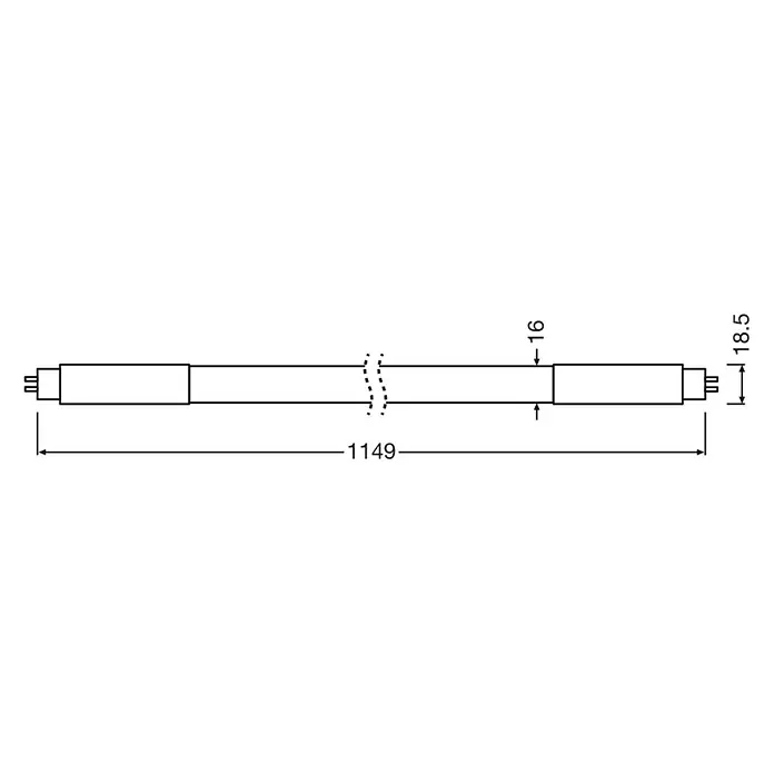 Osram LED-Röhre T5 - Länge: 116,3 cm, Warmweiß, 26 W, 3.600 lm, G5 - Darstellung einer linearen Leuchtstoffröhre mit den Maßen 1149 mm Länge und 18,5 mm Durchmesser.