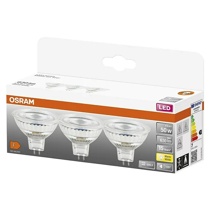 Osram Star LED-Lampen Set MR16 - 6,5 W, 630 lm, 3 Stk. - Die Verpackung von Osram LED-Leuchtmitteln mit 6,5 W, 50 W Äquivalent, 630 lm, warmweiß und GU5.3 Sockel.