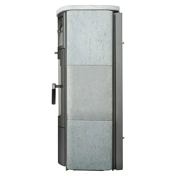 Hark Kaminofen Opera B - 7 kW, Raumheizvermögen: 193 m³, Material Verkleidung: Stahl, Grau - Elegantes Kaminofen-Design mit grauem Steinverkleidung und Glastür, das Wärme und Stil in Ihr Zuhause bringt.