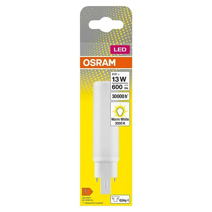 Osram LED-Röhre DULUX LED D/E - Länge: 14,28 cm, Warmweiß, 6 W, 600 lm, G24q-1 - Nahaufnahme einer OSRAM LED-Lampe mit warmweißem Licht (3000 K), 6 W Leistung, 600 lm Helligkeit und einer Lebensdauer von 30000 Stunden.
