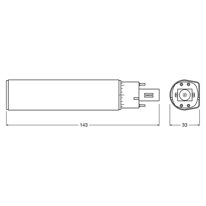 Osram LED-Röhre DULUX LED D/E - Länge: 14,28 cm, Warmweiß, 7 W, 770 lm, G24q-2 - Technische Zeichnung einer LED-Lampe mit den Maßen 143 mm Länge und 33 mm Durchmesser.