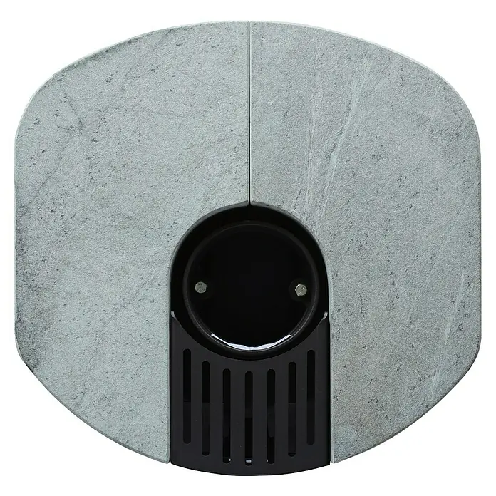 Hark Kaminofen Lova ECOplus - 6 kW, Raumheizvermögen: 165 m³, Material Verkleidung: Stahl, Grau - Frontansicht eines modernen Holzofens mit grauer Steinverkleidung und schwarzem Gitter. Er ist eine stilvolle Heizlösung für jedes Zuhause.