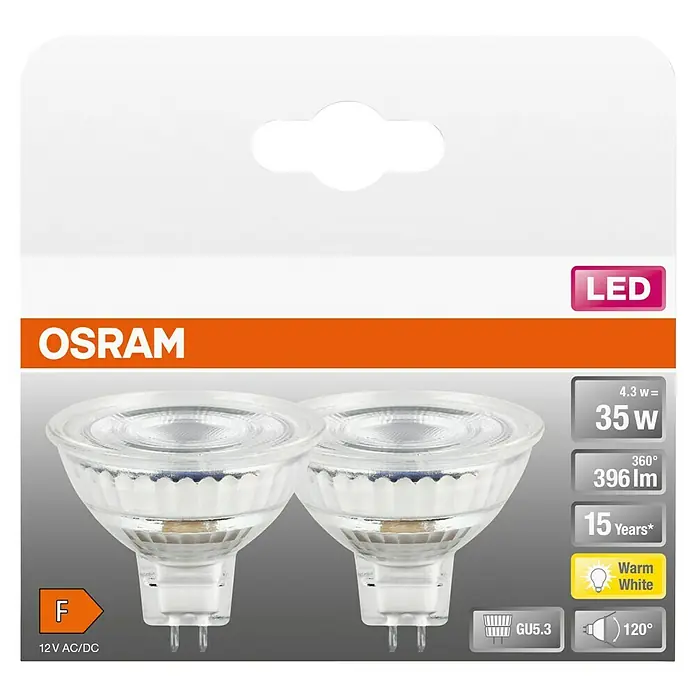 Osram Star LED-Lampen Set MR16 - 4,3 W, 396 lm, 2 Stk. - Osram LED-Lampe mit 4.3W Leistung, entspricht 35W, warmweißem Licht, GU5.3 Sockel und 15 Jahren Lebensdauer.