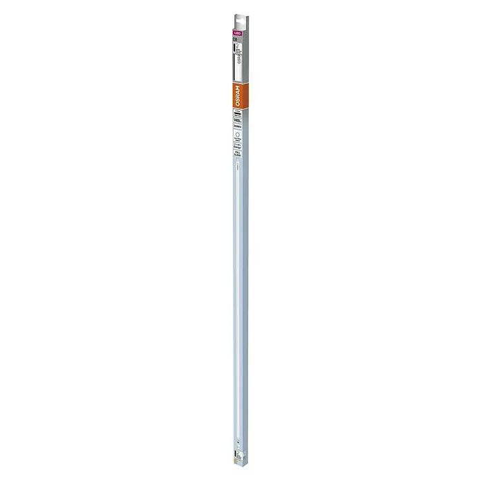 Osram LED-Röhre Tube T8 EM - Länge: 106,1 cm, Kaltweiß, 11,6 W, 1.400 lm, G13 - Ein Osram LED-Röhrenlicht mit orangem Label und Produktdetails, präsentiert in einer schlanken Verpackung für den Einzelhandel.