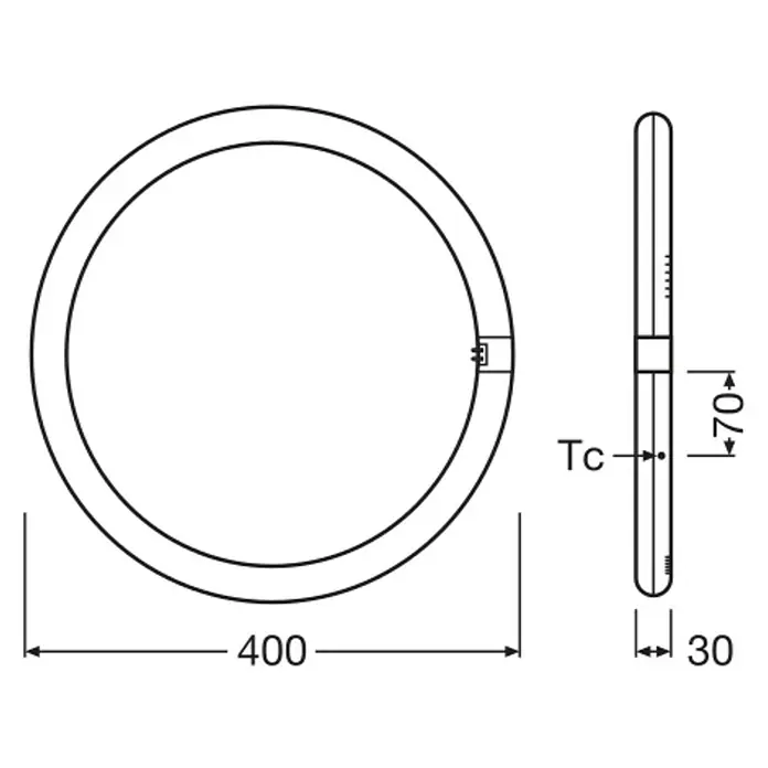 Osram LED-Röhre LED TUBE T9 EM - Länge: 40 cm, Kaltweiß, 24 W, 2.900 lm, G10q - Abbildung einer runden Leuchtstofflampe mit den Maßen 400 mm Durchmesser und 30 mm Dicke, technische Zeichnung.