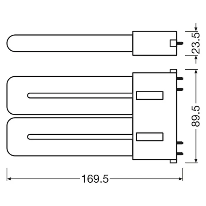 Osram LED-Röhre DULUX LED F 2G10 - Länge: 16,95 cm, Nicht Dimmbar, Kaltweiß, 1.500 lm, 12 W - Produktskizze einer Kompaktleuchtstofflampe mit Maßangaben für Länge, Breite und Höhe zur detaillierten Produktbeschreibung.