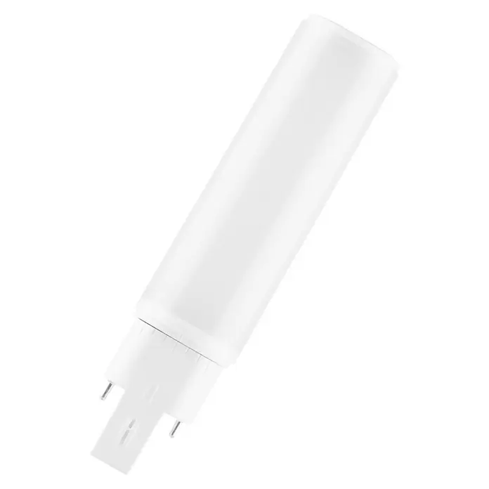 Osram LED-Röhre DULUX LED D/E - Länge: 14,28 cm, Warmweiß, 6 W, 600 lm, G24q-1 - Nahaufnahme einer LED-Lampe mit Stiftsockel und mattem Gehäuse. Ideal für den Austausch von herkömmlichen Leuchtmitteln.