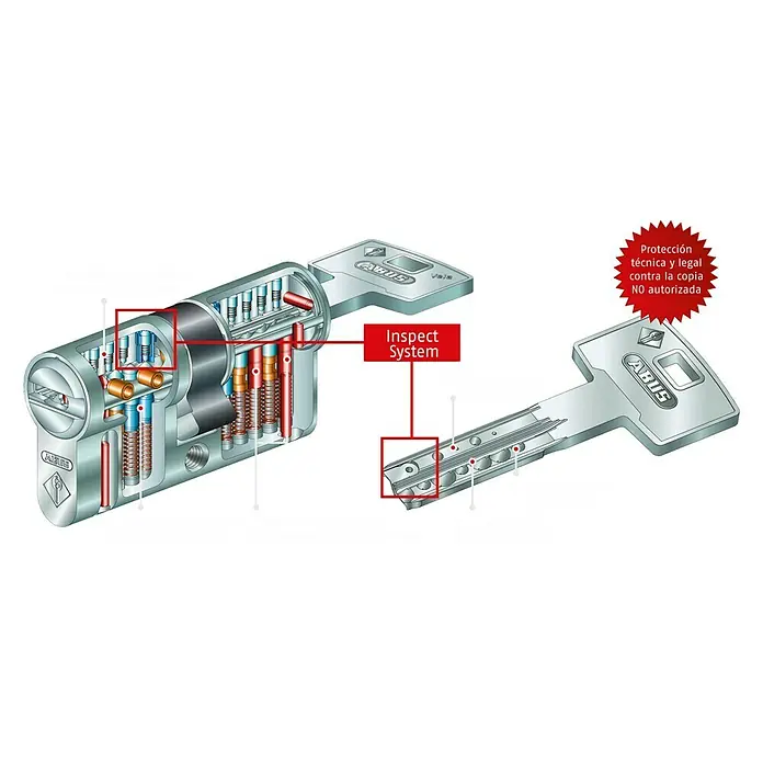 Abus Cilindro de perfil Vela - Número de llaves: 1 ud., Longitud total interior/exterior: 30/30 mm, Níquel - Ilustración de un cilindro de cierre ABUS y llave, que muestra la funcionalidad del sistema de inspección. Alta seguridad.