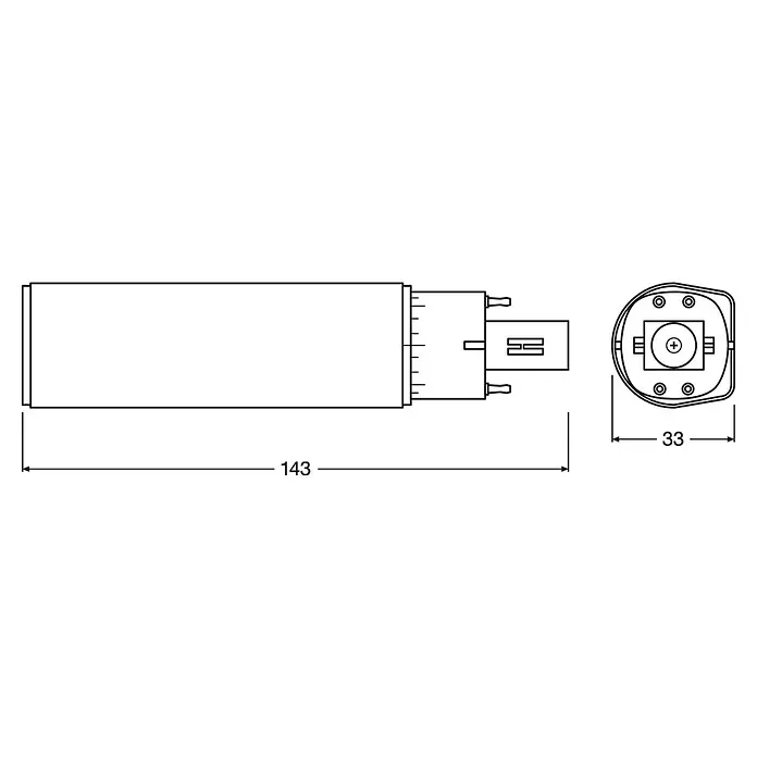 Osram LED-Röhre DULUX LED D/E - Länge: 14,28 cm, Warmweiß, 6 W, 600 lm, G24q-1 - Produktabbildung mit Maßangaben: Die Länge beträgt 143 mm und die Breite des Endstücks beträgt 33 mm.