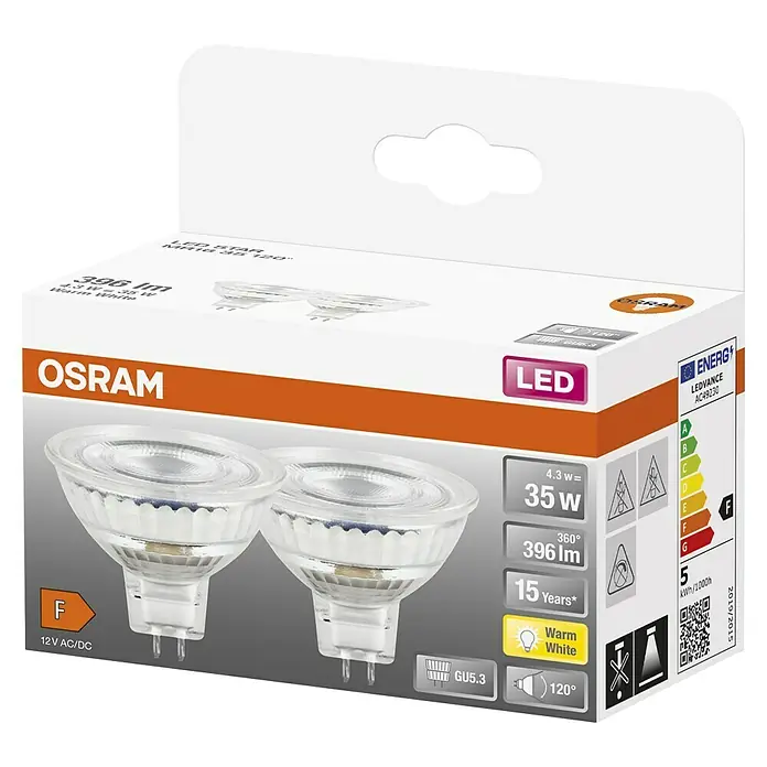 Osram Star LED-Lampen Set MR16 - 4,3 W, 396 lm, 2 Stk. - LEDVANCE AC49230 LED-Strahler im Karton. 4,3 W, 35 W Äquivalent, 396 Lumen, warmweißes Licht und GU5.3 Sockel für 12V AC/DC.