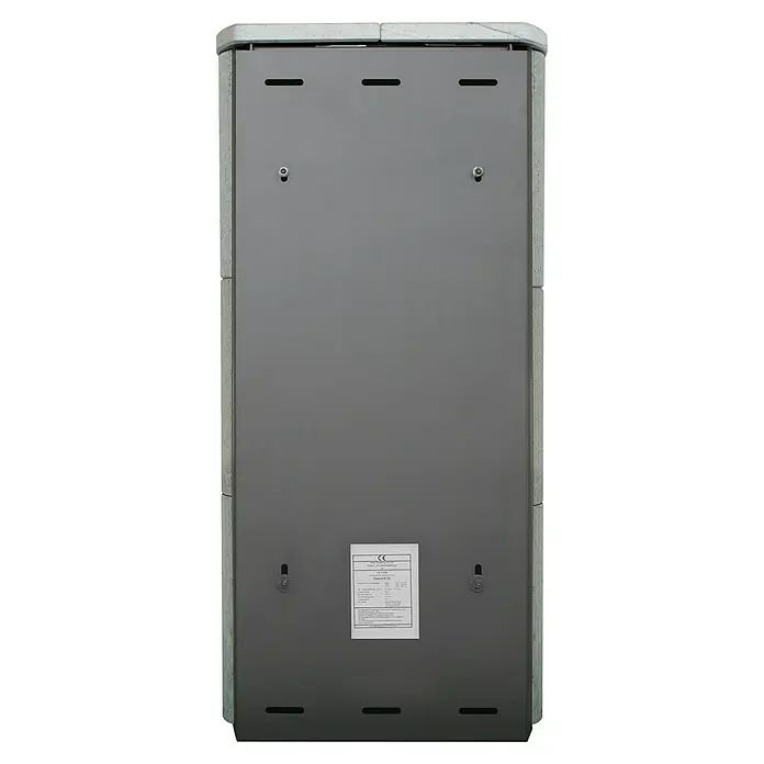 Hark Kaminofen Opera B - 7 kW, Raumheizvermögen: 193 m³, Material Verkleidung: Stahl, Grau - Rückansicht eines Opera B 05 Ofens mit grauer Metallverkleidung und Befestigungspunkten.