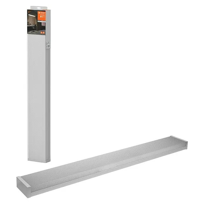 Ledvance LED-Deckenleuchte Office Line Wrap - 40 W, L x B x H: 120 x 16,31 x 7,16 cm, Weiß, Kaltweiß - Das Bild zeigt LEDVANCE LED-Leuchten in zwei Ausführungen, eine stehend verpackt und eine liegend, beide mit silberfarbener Gitteroptik.