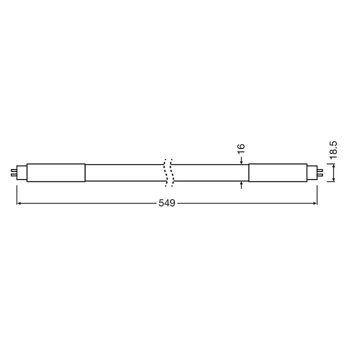 Osram LED-Röhre LED TUBE T5 HF - Länge: 56,3 cm, Kaltweiß, 7 W, 1.000 lm, G5 - Technische Zeichnung einer Leuchtstoffröhre mit Maßangaben: Gesamtlänge 549, Durchmesser 16, Endstückbreite 18.5.