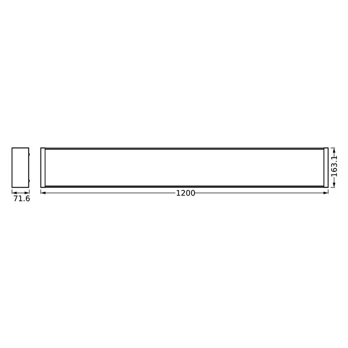 Ledvance LED-Deckenleuchte Office Line Wrap - 40 W, L x B x H: 120 x 16,31 x 7,16 cm, Weiß, Kaltweiß - Abbildung des Produkts mit Maßangaben für Länge, Breite und Höhe. Die Abmessungen sind 1200 x 163.1 x 71.6.