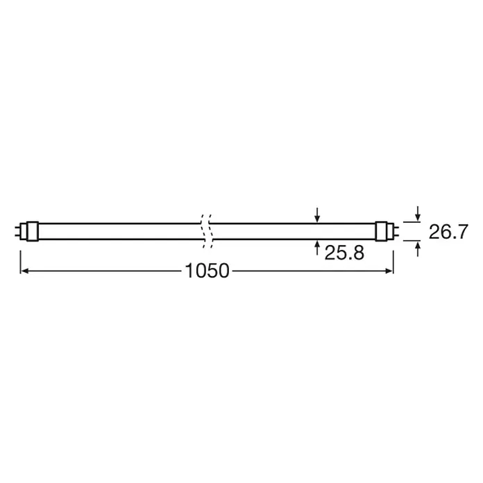 Osram LED-Röhre Tube T8 EM - Länge: 106,1 cm, Kaltweiß, 11,6 W, 1.400 lm, G13 - Technische Zeichnung einer linearen Leuchtstoffröhre mit Maßangaben zu Länge (1050), Durchmesser (25.8) und Endkappen (26.7).