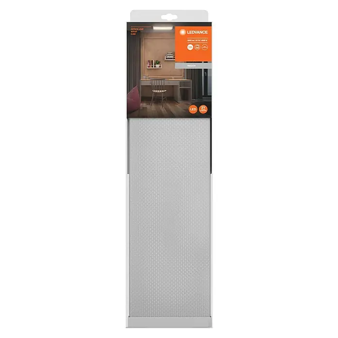 Ledvance LED-Deckenleuchte Office Line Wrap - 20 W, L x B x H: 60 x 16,31 x 7,16 cm, Weiß, Kaltweiß - Produktverpackung der LEDVANCE Office Line Wrap 0.6M LED-Leuchte mit Büromotiv und technischen Details auf der Vorderseite.
