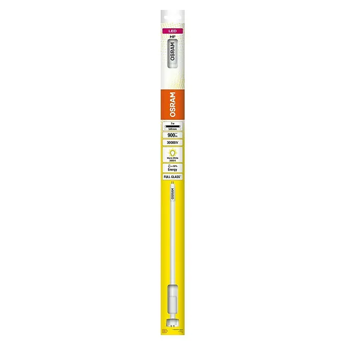 Osram LED-Röhre T5 - Länge: 56,3 cm, Kaltweiß, 7 W, 900 lm, G5 - Produktbild einer Osram LED-Röhre mit 7W, 549mm Länge, 900 Lumen und einer Lebensdauer von 30000 Stunden. Warmweißes Licht mit 3000K.