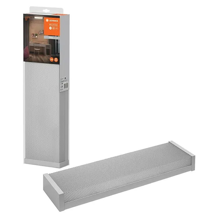Ledvance LED-Deckenleuchte Office Line Wrap - 20 W, L x B x H: 60 x 16,31 x 7,16 cm, Weiß, Kaltweiß - Produktabbildung einer LEDVANCE Büroleuchte in Verpackung und als loses Produkt, für eine ideale Arbeitsplatzbeleuchtung.