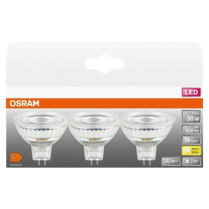 Osram Star LED-Lampen Set MR16 - 6,5 W, 630 lm, 3 Stk. - Abbildung einer Osram LED-Lampe mit GU5.3 Sockel, 6,5W Leistung, die 50W entspricht und warmweißes Licht erzeugt.