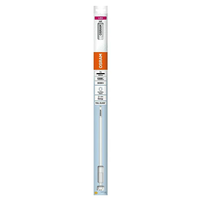 Osram LED-Röhre LED TUBE T5 HF - Länge: 56,3 cm, Kaltweiß, 7 W, 1.000 lm, G5 - Das Bild zeigt eine Osram HF LED-Röhre mit der Kennzeichnung "Full Glass", die eine Lebensdauer von 30000 Stunden hat und 1000 Lumen liefert.