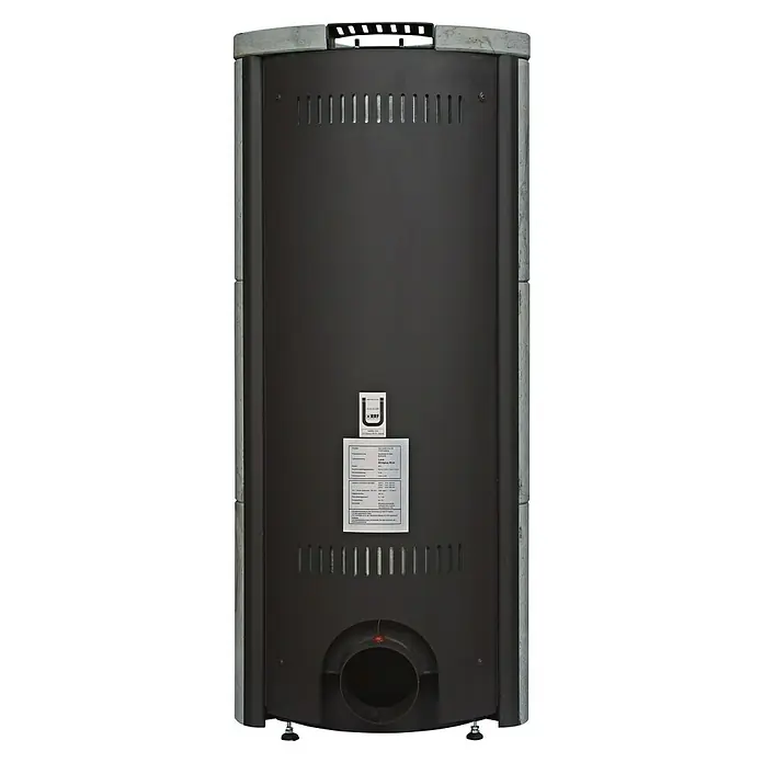 Hark Kaminofen Lova ECOplus - 6 kW, Raumheizvermögen: 165 m³, Material Verkleidung: Stahl, Grau - Rückansicht eines RRF ECOplus RLU Kaminofens mit Lüftungsschlitzen und Typenschild für technische Details.