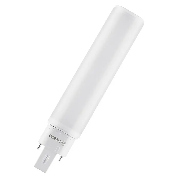 Osram LED-Röhre DULUX LED D/E - Länge: 16,98 cm, Warmweiß, 10 W, 990 lm, G24q-3 - Nahaufnahme einer LED-Lampe von Osram mit G24-Sockel vor schwarzem Hintergrund. Modern und energieeffizient.