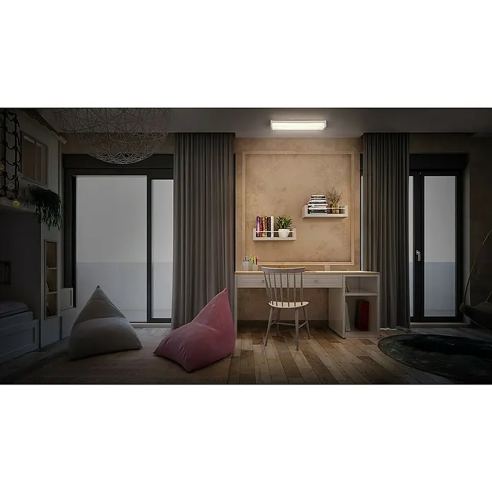 Ledvance LED-Deckenleuchte Office Line Wrap - 20 W, L x B x H: 60 x 16,31 x 7,16 cm, Weiß, Kaltweiß - Gemütliches Zimmer mit Schreibtisch, Regalen und Sitzsäcken. Die Deckenleuchte sorgt für angenehmes Licht. Perfekt zum Lernen und Entspannen.