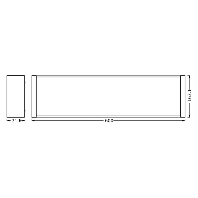 Ledvance LED-Deckenleuchte Office Line Wrap - 20 W, L x B x H: 60 x 16,31 x 7,16 cm, Weiß, Kaltweiß - Technische Zeichnung einer rechteckigen Box mit Maßangaben für Breite, Höhe und Tiefe. Präzise Abmessungen für Design und Fertigung.