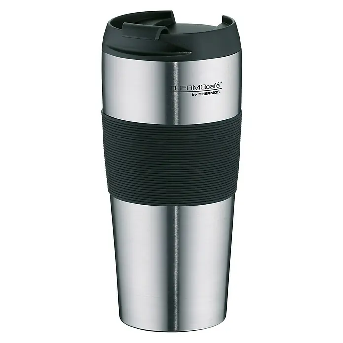 Thermos Thermo-Trinkbecher ThermoPro - 0,4 l, Matt/Schwarz - Silberner Thermobecher mit schwarzem Deckel und Band in der Mitte. Ideal für unterwegs, hält Getränke warm oder kalt.