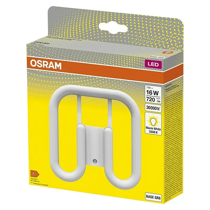 Osram LED-Röhre DULUX LED SQ - Länge: 13,7 cm, Warmweiß, 7 W, 720 lm, GR8, 3.500 K - Nahaufnahme der Osram LED Lampe in einer Verpackung, die Produktdetails wie Leistung und Farbtemperatur hervorhebt.
