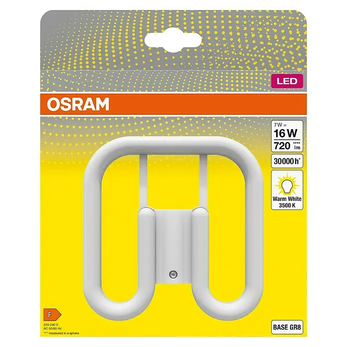 Osram LED-Röhre DULUX LED SQ - Länge: 13,7 cm, Warmweiß, 7 W, 720 lm, GR8, 3.500 K - Produktverpackung einer Osram LED-Lampe mit 16W, die warmweißes Licht mit 3500K erzeugt und eine Lebensdauer von 30000 Stunden hat.