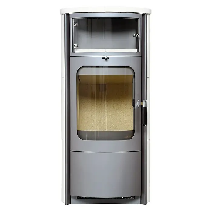 Hark Kaminofen Opera B - 7 kW, Raumheizvermögen: 146 m³, Material Verkleidung: Keramik, Creme/Weiß - Ein freistehender Harrie Leenders Modus Kaminofen in Weiß und Grau. Stilvolles und modernes Design für wohlige Wärme in Ihrem Zuhause.
