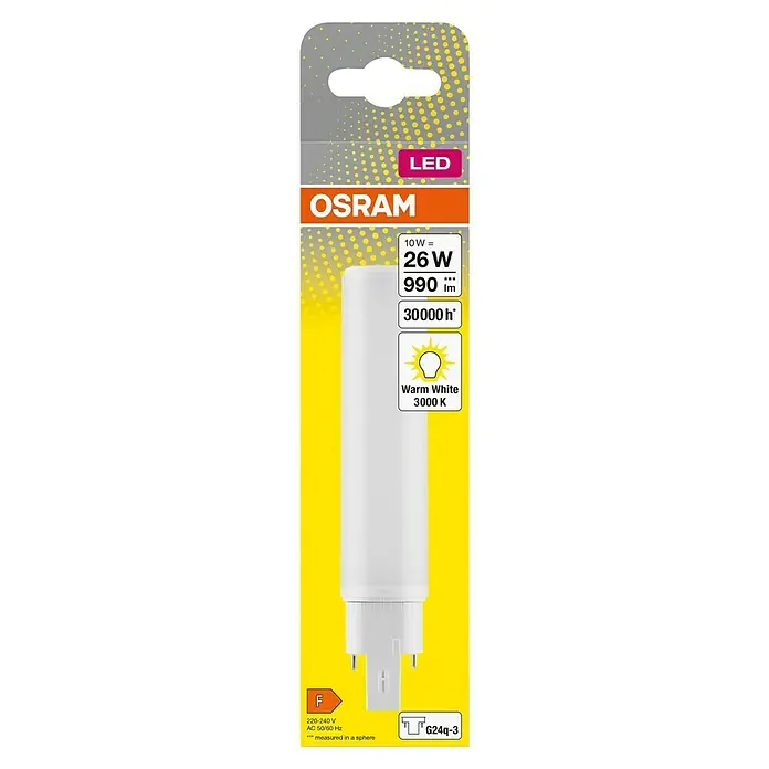 Osram LED-Röhre DULUX LED D/E - Länge: 16,98 cm, Warmweiß, 10 W, 990 lm, G24q-3 - Eine OSRAM LED-Lampe, die 10W verbraucht, aber 26W entspricht und 990 Lumen Helligkeit bietet, mit einer warmweißen Farbtemperatur von 3000K.