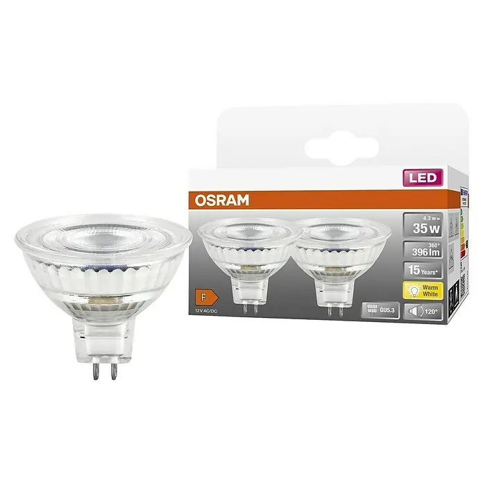 Osram Star LED-Lampen Set MR16 - 4,3 W, 396 lm, 2 Stk. - Produktabbildung einer Osram LED Lampe MR16 mit GU5.3 Sockel, energiesparend und langlebig, ideal für Akzentbeleuchtung und Allgemeinbeleuchtung.