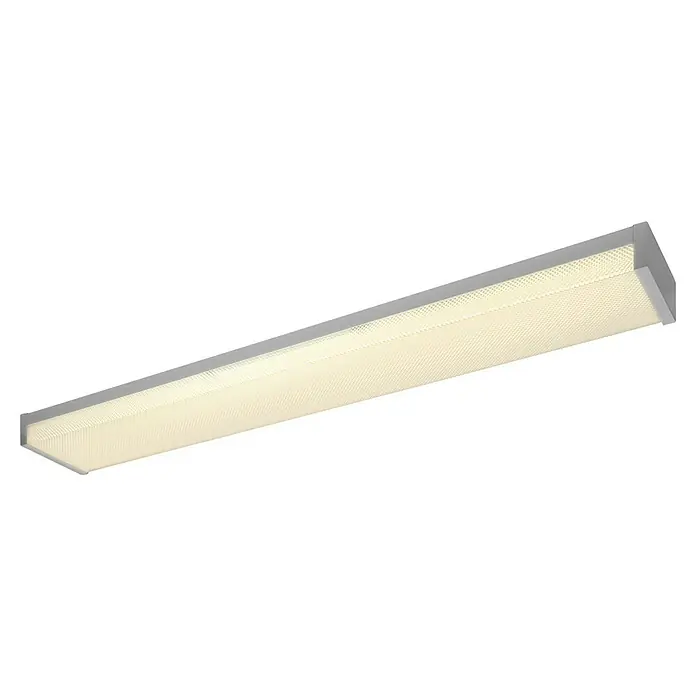 Ledvance LED-Deckenleuchte Office Line Wrap - 40 W, L x B x H: 120 x 16,31 x 7,16 cm, Weiß, Kaltweiß - Eine längliche Bürolampe mit einem grauen Rahmen und einer leuchtenden, fein geriffelten Abdeckung sorgt für helles und gleichmäßiges Licht im Raum.