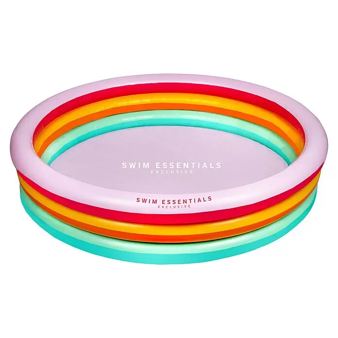Swim Essentials Planschbecken - Ø x H: 150 x 30 cm, Regenbogen - Rundes aufblasbares Planschbecken mit leuchtend rosa, roten, gelben, orangefarbenen und türkisfarbenen Ringen.