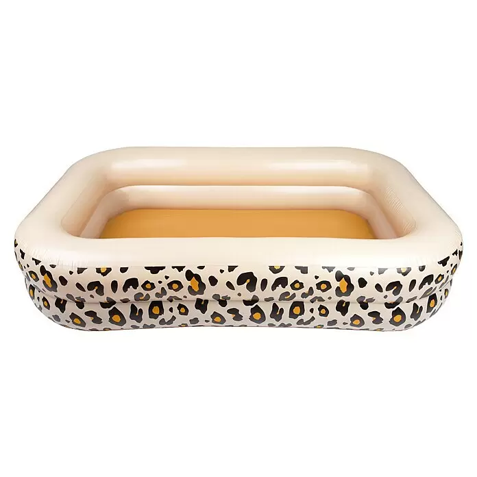 Swim Essentials Planschbecken - L x B x H: 211 x 132 x 46 cm, Leopard - Hellbeiger aufblasbarer Pool mit Leopardenmuster an der unteren Außenseite und gelbem Innenbereich.