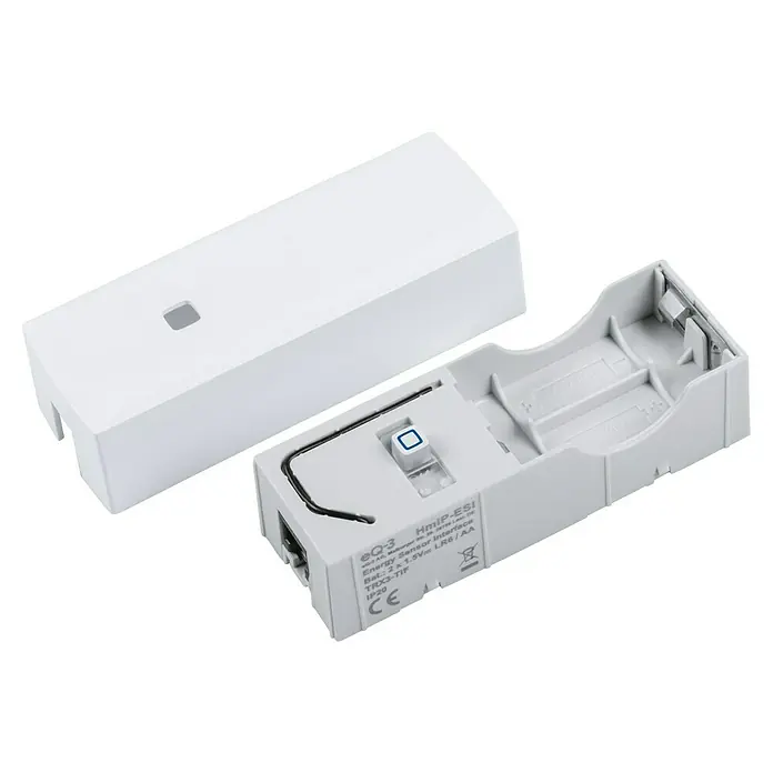 Homematic IP Kontakt-Schnittstelle HmIP-ESI-GAS für Gaszähler - Batteriebetrieben - Das eQ-3 HmIP-ESI Energy Sensor Interface in Weiß, offen präsentiert.