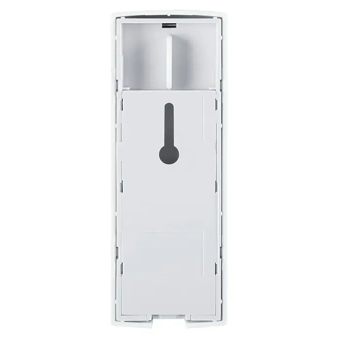 Homematic IP Kontakt-Schnittstelle HmIP-ESI-GAS für Gaszähler - Batteriebetrieben - Rückansicht des weißen Seifenspenders für die Wandmontage, ideal für Badezimmer oder Küchen. Der Spender bietet eine praktische Lösung für die Händehygiene.
