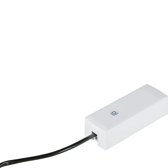 Homematic IP Kontakt-Schnittstelle HmIP-ESI-GAS für Gaszähler - Batteriebetrieben - Nahaufnahme einer weißen Smart-Home-Bridge mit einem blauen Quadrat auf der Oberseite und einem schwarzen Kabel, das angeschlossen ist.