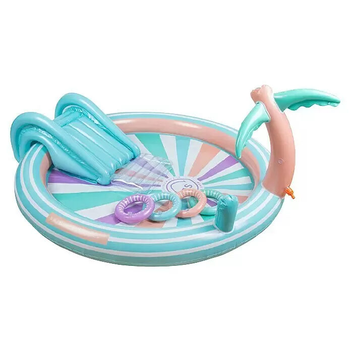 Swim Essentials Planschbecken - 203 x 173 x 89 cm, Regenbogen - Pastellfarbener aufblasbarer Planschbecken mit Rutsche, Palmen-Sprinkler und Ringwurfspiel für Kinder.