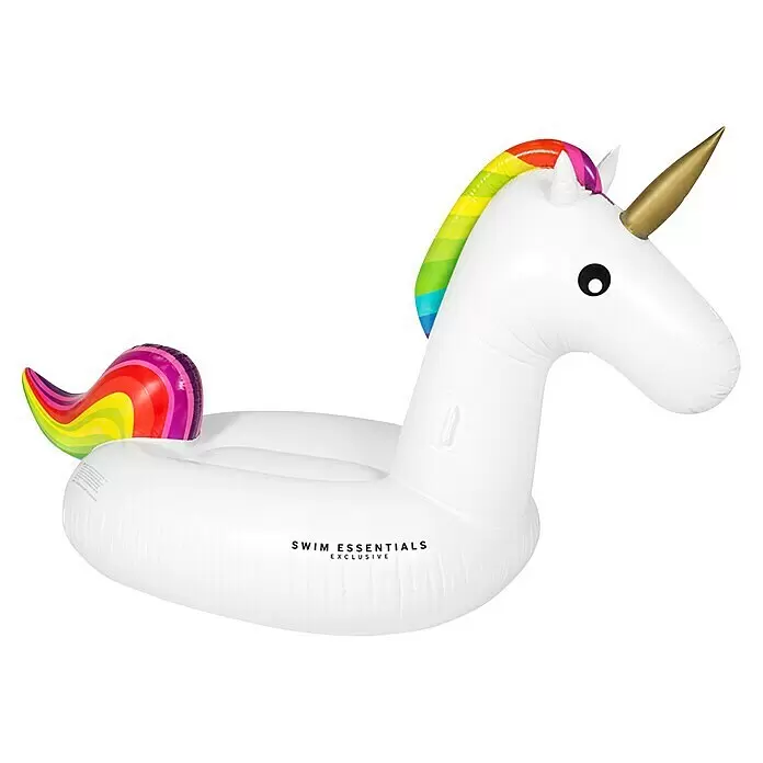 Swim Essentials Schwimmtier Einhorn - 142 x 137 x 97 cm - Weißer aufblasbarer Einhorn-Schwimmring mit Regenbogenmähne, Schwanz und goldenem Horn.