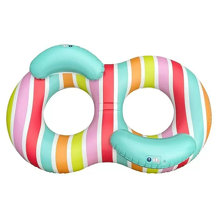 Swim Essentials Schwimmring - 170 x 90 cm, Mehrfarbig - Bunt gestreifter Doppel-Schwimmring mit hellblauen Kopfstützen.