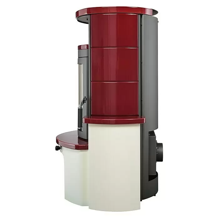 Hark Kaminofen Avenso GT ECOplus - 8 kW, Raumheizvermögen: 220 m³, Material Verkleidung: Keramik, Bordeaux - Moderner Ofen mit glänzender burgunderroter Keramikverkleidung, hellem Cremesockel und dunkelgrauen Metallelementen, mit seitlichem Rohranschluss.