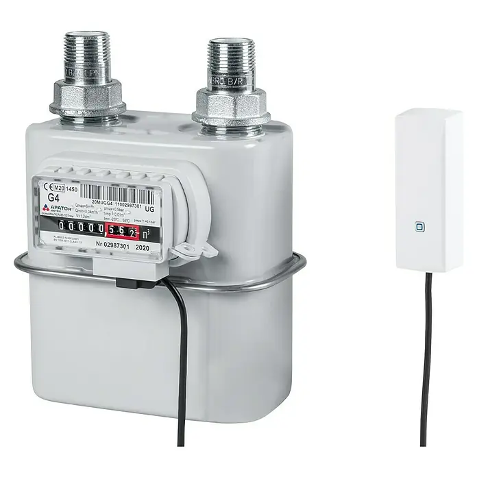 Homematic IP Kontakt-Schnittstelle HmIP-ESI-GAS für Gaszähler - Batteriebetrieben - Nahaufnahme eines intelligenten Gaszählers mit digitalem Display und angeschlossenem Sensor für die Fernüberwachung.